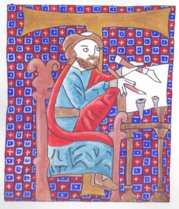 Scroll detail of scribe-blue and red